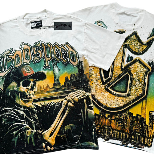 [Buy Two Get One Free]28195283 Skull Driving Landscape Print Washed Version Tee 2 colors