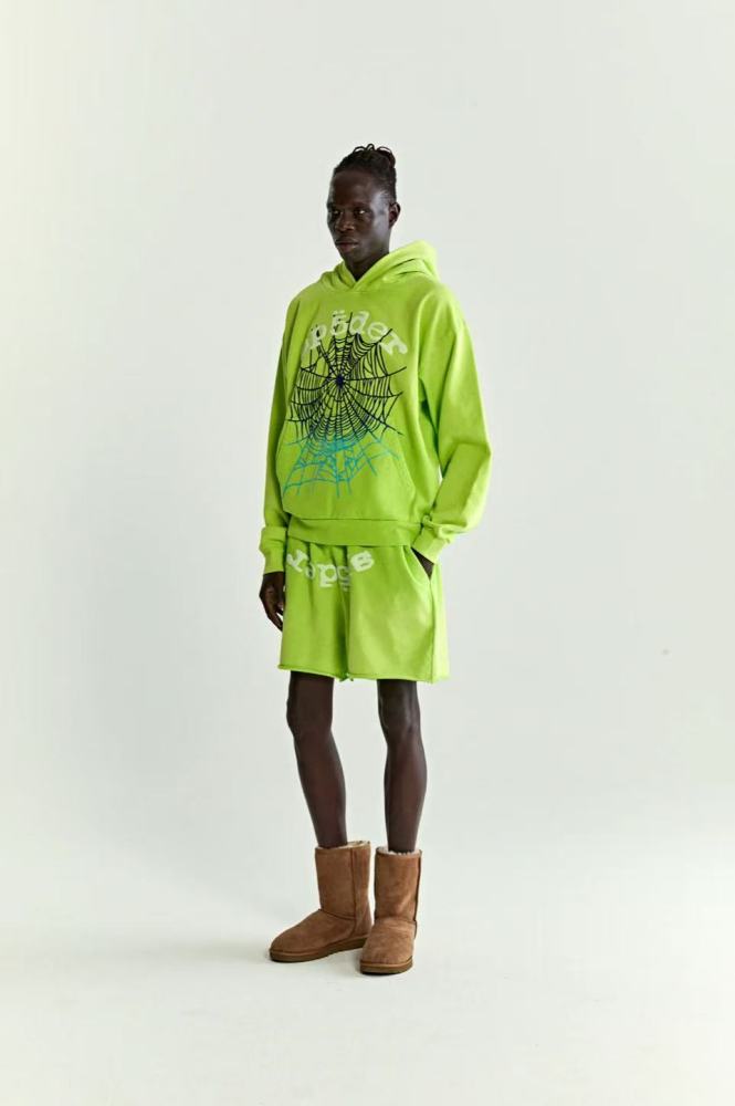 1:1 quality version 28195424 Gradient Spiderweb Print Bright Green Hoodie & Shorts Set