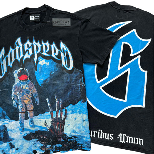 [Buy Two Get One Free]28195276 Astronaut Moon Landing Devil's Paw Print Washed Version Tee 2 colors