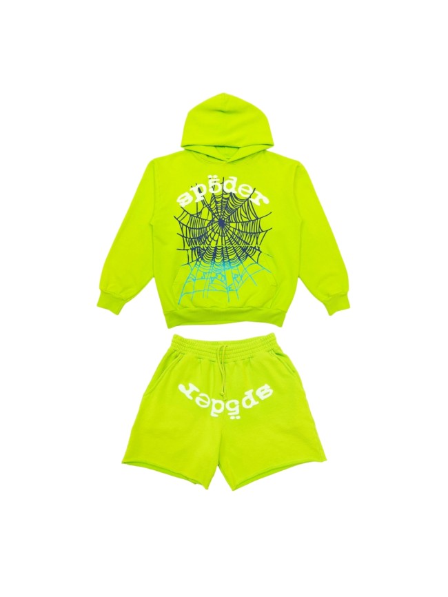 1:1 quality version 28195424 Gradient Spiderweb Print Bright Green Hoodie & Shorts Set