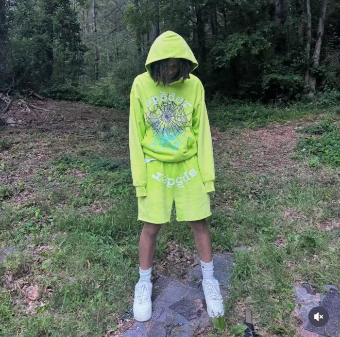 1:1 quality version 28195424 Gradient Spiderweb Print Bright Green Hoodie & Shorts Set