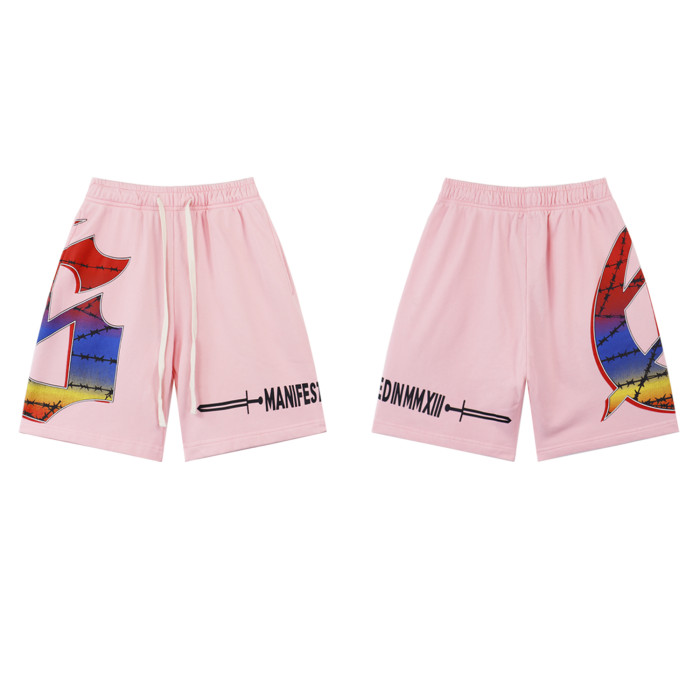 28200998 Dazzling Colorful Big G Letter Print Washed Version Shorts 3 colors