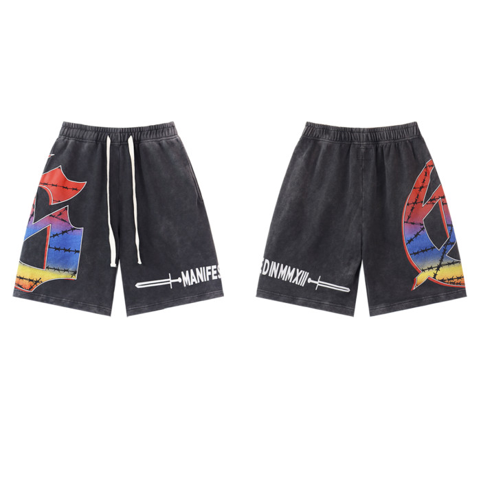 28200998 Dazzling Colorful Big G Letter Print Washed Version Shorts 3 colors