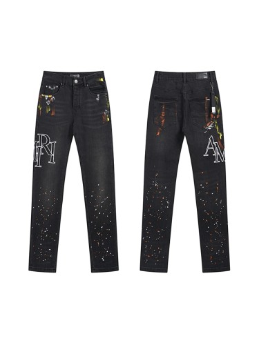 28205711 Black White LOGO Letter Embroidered Splashed ink Jeans