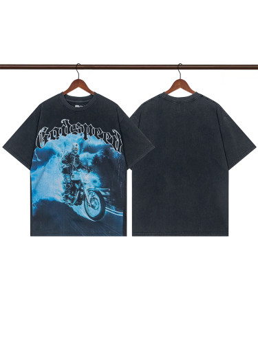 1:1 quality version 28205383 Skull Riding Motorcycle Printed Washed Version Tee