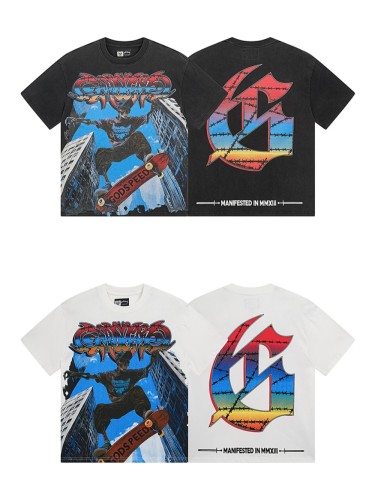 28210703 Urban Street Skull Play Skateboarding Print Washed Version Tee 2 colors
