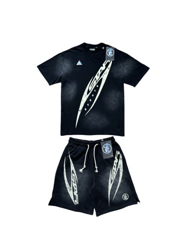 28214421 Distressed H Letter Logo Print Washed Version Tee & Shorts Set