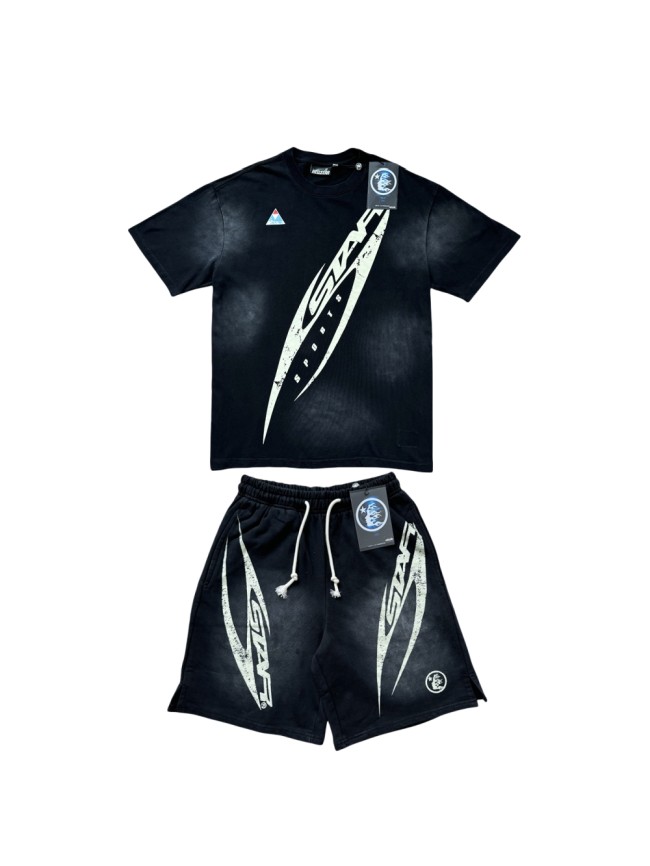 28214421 Distressed H Letter Logo Print Washed Version Tee & Shorts Set