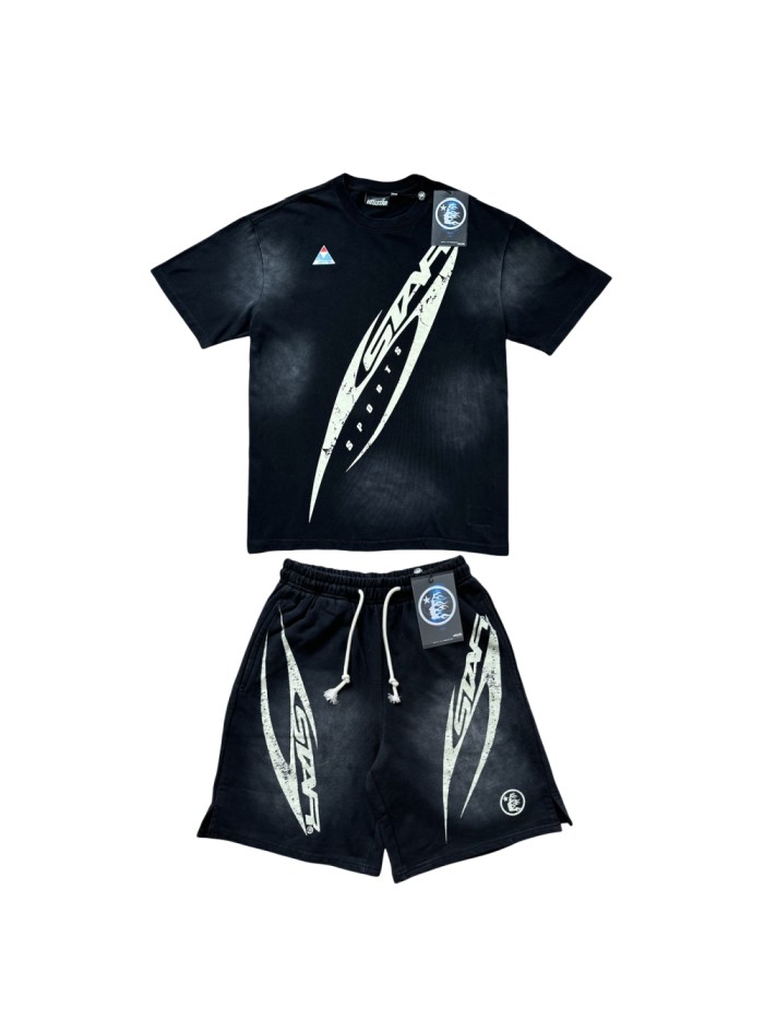 28214421 Distressed H Letter Logo Print Washed Version Tee & Shorts Set