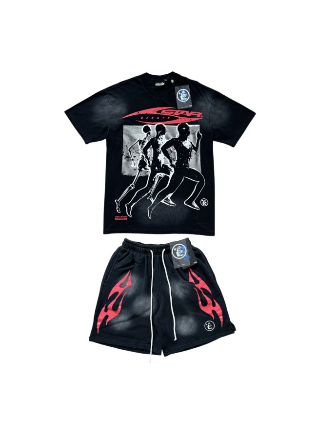 28214414 Sportsman Red Logo Printed Washed Version Tee & Shorts Set