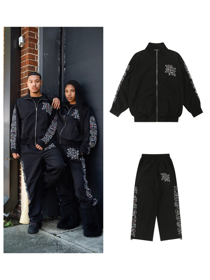 28216326 Embroidered Logo Colorful Rhinestone  Nylon Jacket & Pants Set