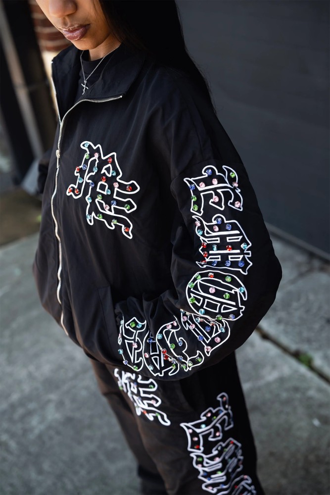 28216326 Embroidered Logo Colorful Rhinestone  Nylon Jacket & Pants Set