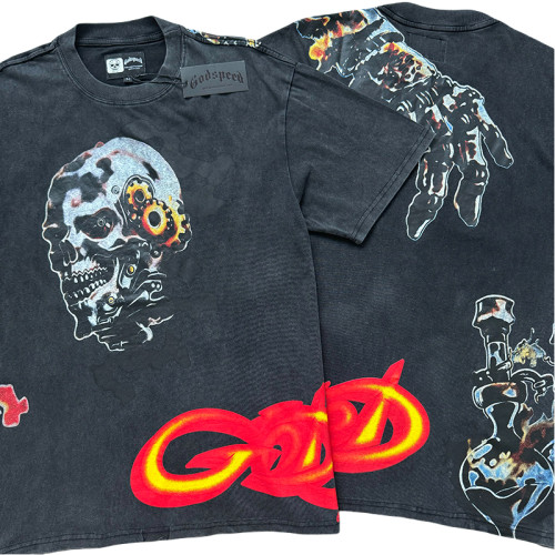 28233356 Flame Letter Burnt Skull Print Washed Version Tee 2 colors