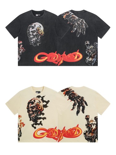 28233356 Flame Letter Burnt Skull Print Washed Version Tee 2 colors