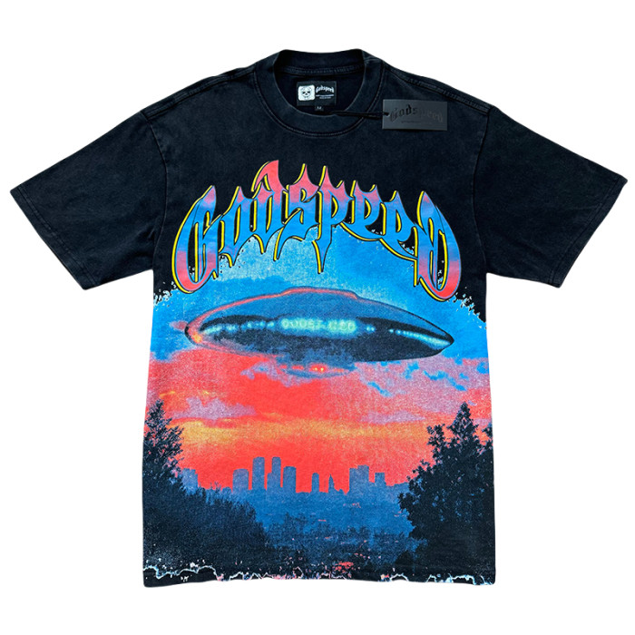 28286694 UFO Sunset Scene Printed Washed Version Tee 3 colors