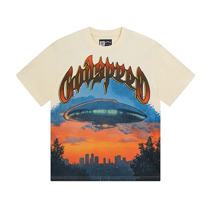 28286694 UFO Sunset Scene Printed Washed Version Tee 3 colors
