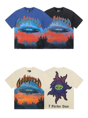 28286694 UFO Sunset Scene Printed Washed Version Tee 3 colors