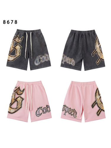 28296387 Black and Gold Logo Print Washed Version Shorts 2 colors