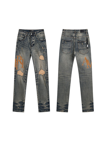 28296412 Vintage Leather Letter Embroidered Ripped Jeans