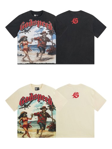 28298502 Seaside Vacation Couple Skull Print Washed Version Tee 2 colors