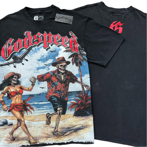 28298502 Seaside Vacation Couple Skull Print Washed Version Tee 2 colors