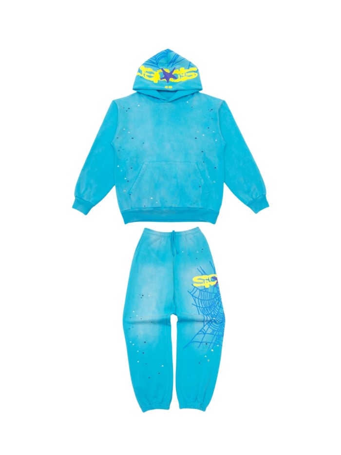 1:1 quality version 28303713 Hood Spiderweb Print Washed Version Hoodie & Pants Set 2 colors
