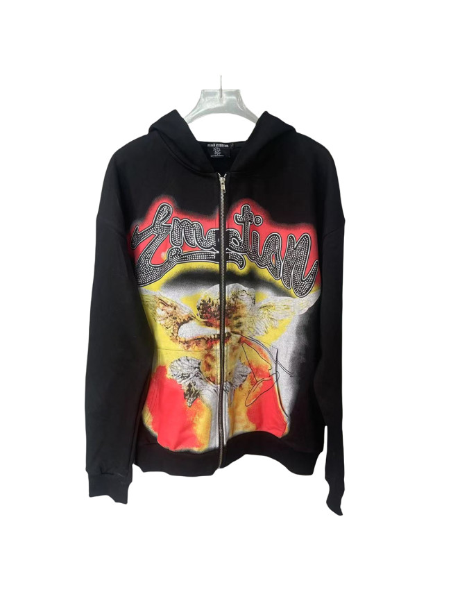 [50% Off]Mixed Emotion Fuzzy Angel Rhinestone Letter Print Zipper Hoodie 28303695