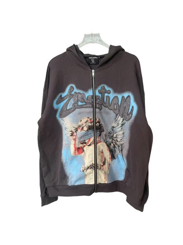 28303685 Blindfolded Angel Rhinestone Letter Print Zipper Hoodie