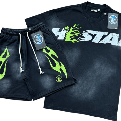 28310477 Green Side Face Printed Washed Version Tee & Shorts Set