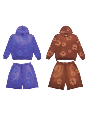 1:1 quality version 28311419 Kapok Printed Washed Version Hoodie & Shorts Set 2 colors