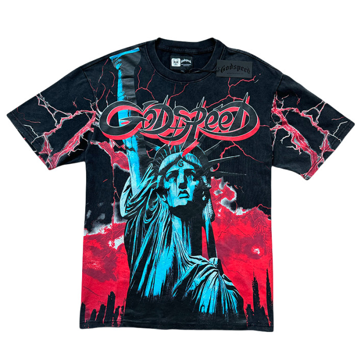 28313135 Lightning Statue of Liberty Sculpture Printed Washed Version Tee 3 colors