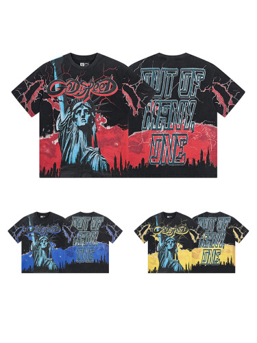 28313135 Lightning Statue of Liberty Sculpture Printed Washed Version Tee 3 colors