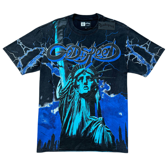 28313135 Lightning Statue of Liberty Sculpture Printed Washed Version Tee 3 colors
