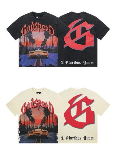 [Buy Two Get One Free]28326463 Luxury Car Sunset Street Scene Printed Washed Version Tee 2 colors