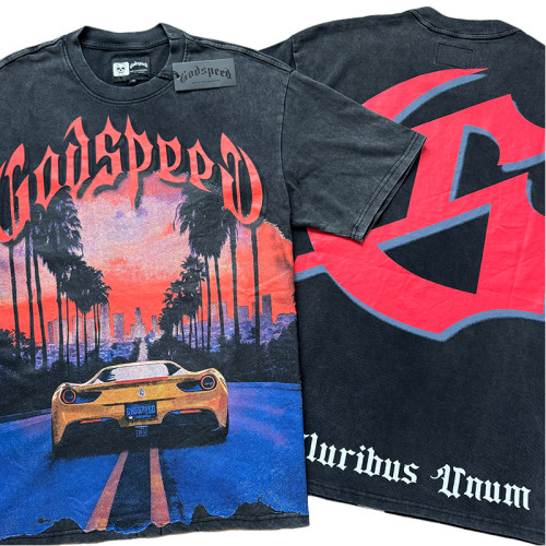 [Buy Two Get One Free]28326463 Luxury Car Sunset Street Scene Printed Washed Version Tee 2 colors