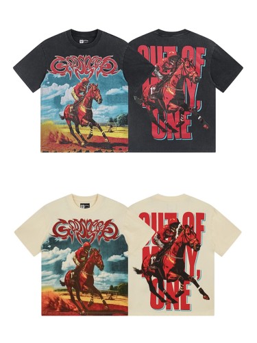 [Buy Two Get One Free]28360188 Skeleton Horse Racing Print Washed Version Tee 2 colors
