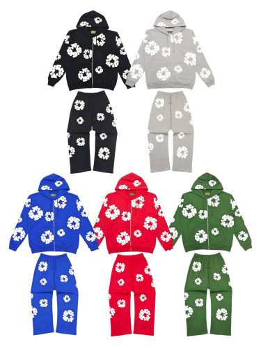 1:1 quality version 28363689 Kapok Cotton Printed Zipper Hoodie & Straight-leg Sweatpants Set 5 colors