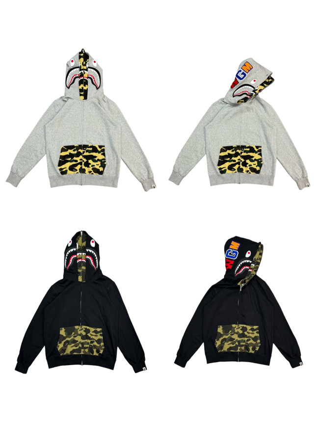 1:1 quality version 28367261 Camouflage Patchwork Double-Headed Shark Zipper Hoodie 2 colors