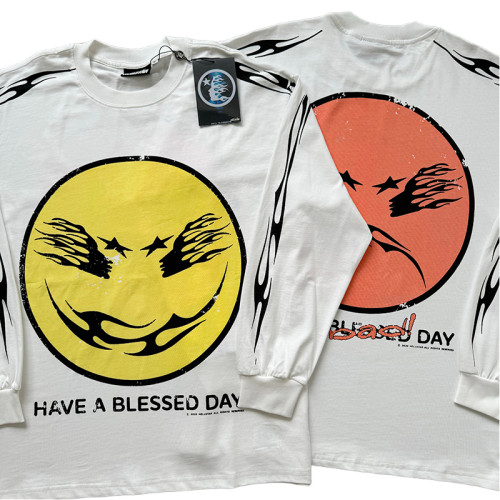 28367301 Logo Smiley Face & Crying Face Printed Long-Sleeved T-Shirt 2 colors