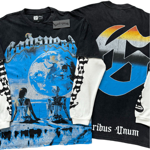 28357721 Metal Robot Moon Print Fake Two-Piece Long Sleeve T-Shirt