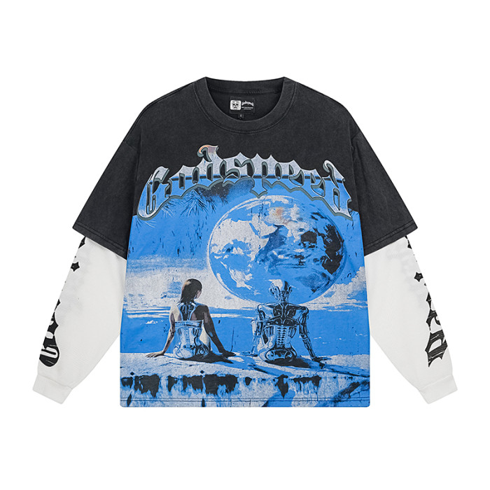 28357721 Metal Robot Moon Print Fake Two-Piece Long Sleeve T-Shirt