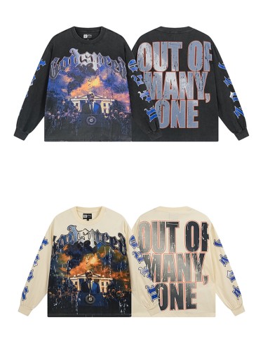 28389988 Skull Speech Print Washed Version Long Sleeve T-Shirt 2 colors