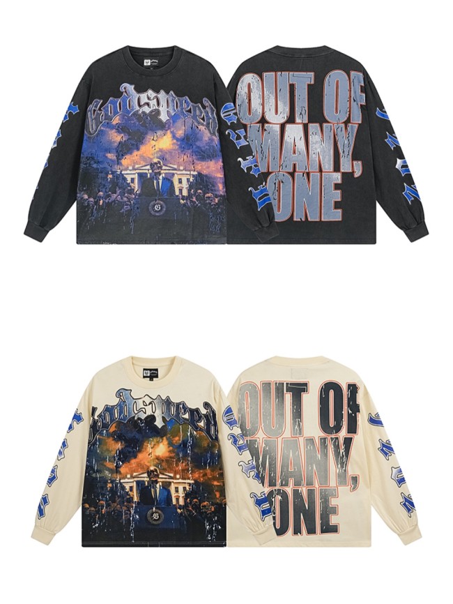 28389988 Skull Speech Print Washed Version Long Sleeve T-Shirt 2 colors