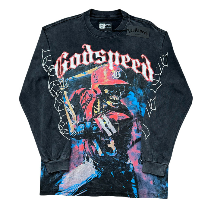 28389989 Baseball Player Skull Print Washed Version Long Sleeve T-Shirt 2 colors