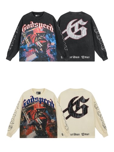 28389989 Baseball Player Skull Print Washed Version Long Sleeve T-Shirt 2 colors