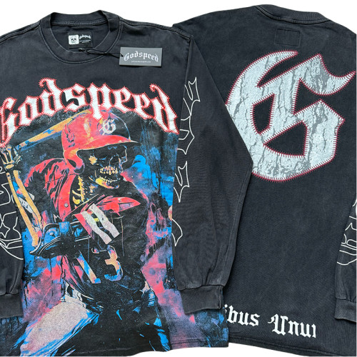 28389989 Baseball Player Skull Print Washed Version Long Sleeve T-Shirt 2 colors