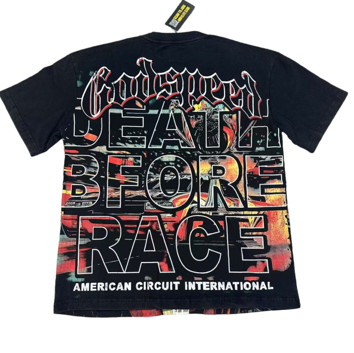 28429037 Skeleton Race Car Driver Holding Trophy Print Washed Version Tee 2 colors