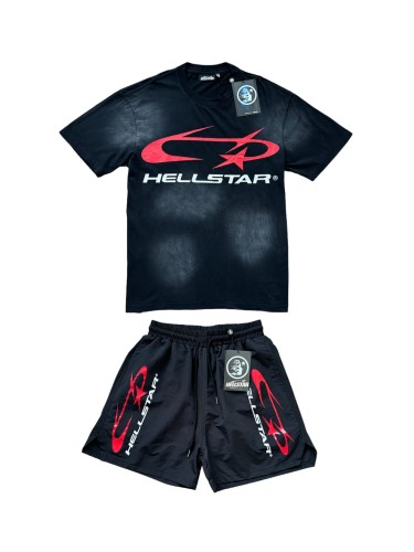 [Buy Two Get One Free]28428875 Red and white printed Washed Version Tee & Shorts Set