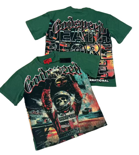 [Buy Two Get One Free]28429037 Skeleton Race Car Driver Holding Trophy Print Washed Version Tee 2 colors