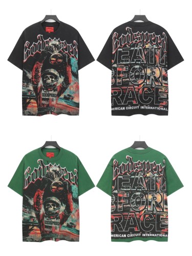 [Buy Two Get One Free]28429037 Skeleton Race Car Driver Holding Trophy Print Washed Version Tee 2 colors